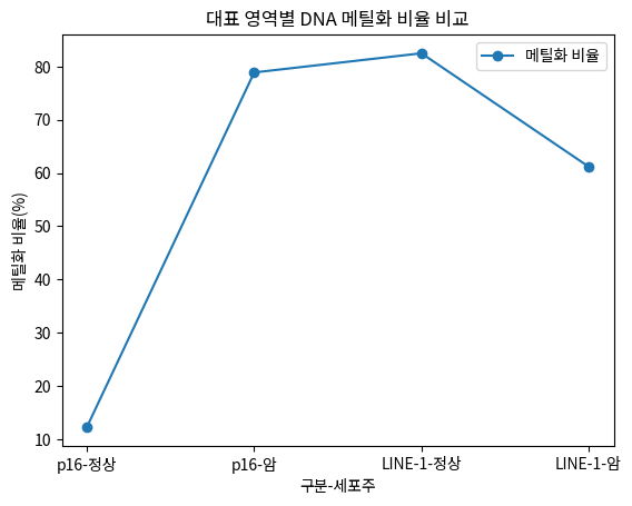대표 영역별 DNA 메틸화 비율 비교