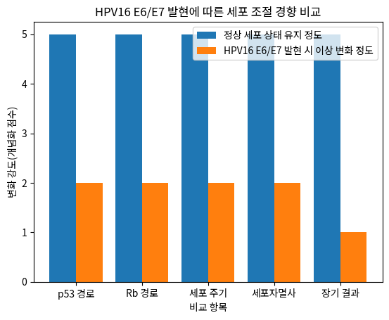 HPV16 E6/E7 발현에 따른 세포 조절 경향 비교