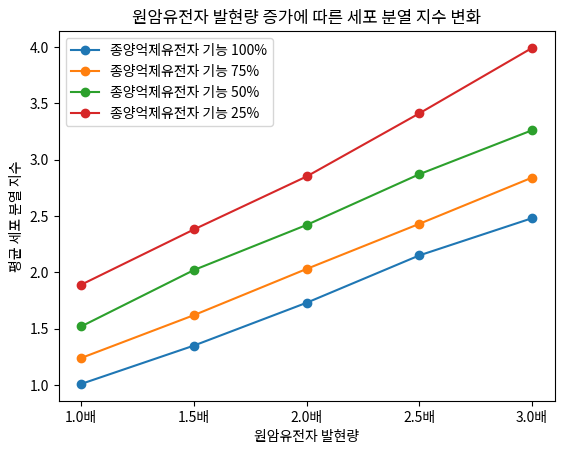 원암유전자 발현량 증가에 따른 세포 분열 지수 변화