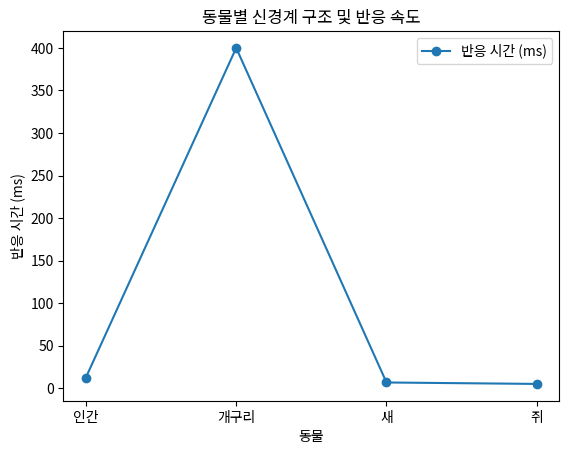 동물별 신경계 구조 및 반응 속도